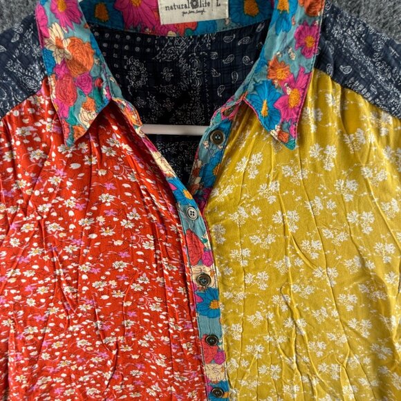Natural Life Floral Button Up Dress Large Colorful Boho Long Sleeve Rayon Women - Picture 4 of 14